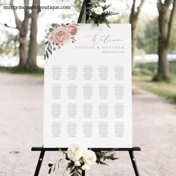 Wedding Seating Chart Template, Dusky Pink Floral, Seating Plan, Seating Sign, Printable Poster, Editable, Templett INSTANT Download