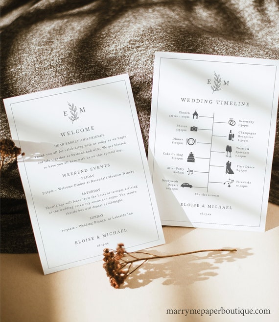 Wedding Itinerary Card Template, Leaf Monogram Border, Printable Wedding Timeline  Card, Wedding Monogram, Templett INSTANT Download