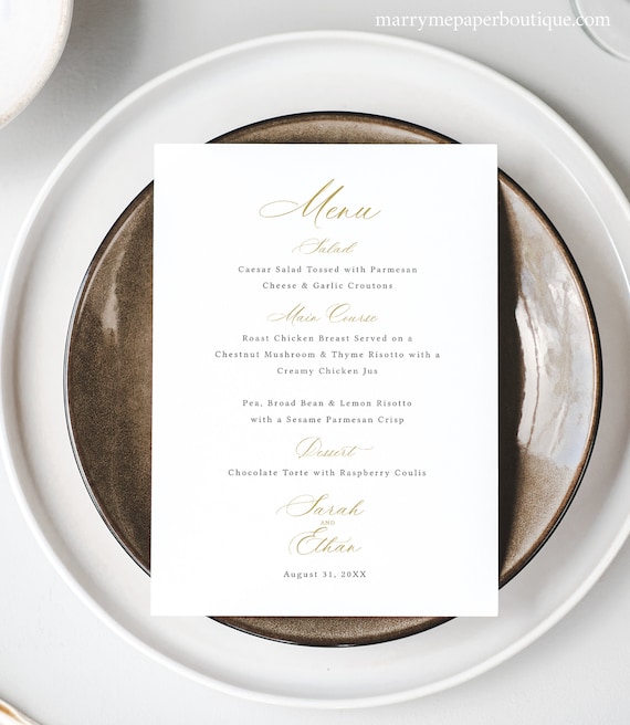 Wedding Menu Template, Calligraphy Design in Gold, Wedding Menu Card, Editable Table Menu Card, Printable, 5x7, Templett INSTANT Download