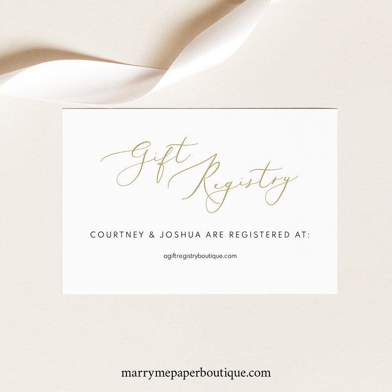 Gift Registry Card Template, Elegant Gold Script, Wedding Registry Card Printable, Editable, Templett, INSTANT Download image 1