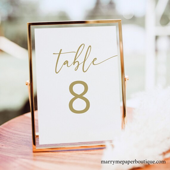 Table Number Sign Template, Gold, Modern Script, Modern Table Number Sign Printable, Editable, 4x6, 5x7, Templett INSTANT Download