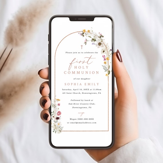 First Communion Text Invitation Template, Wildflower Arch, Digital First Holy Communion Invite, Send By Phone, Templett INSTANT Download