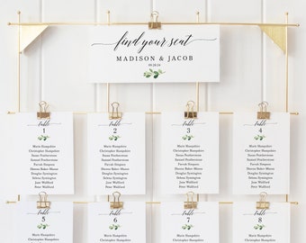 Wedding Seating Chart Template, Try Before Purchase,  Editable Seating Plan Printable, Greenery Seating Cards, Instant Download