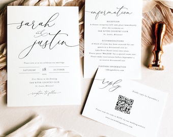 Wedding Invitation Template Suite, Classic & Elegant, QR Code RSVP Card, Printable Wedding Invitations, Templett INSTANT Download, Editable