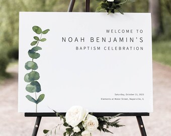 Baptism Welcome Sign Template, Elegant Eucalyptus, Printable Baptism Sign, Greenery, Editable, Boy or Girl, Templett INSTANT Download