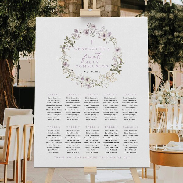 First Communion Seating Plan Template, Rustic Lavender Flowers, Lavender First Holy Communion Seating Poster Sign, Templett INSTANT Download