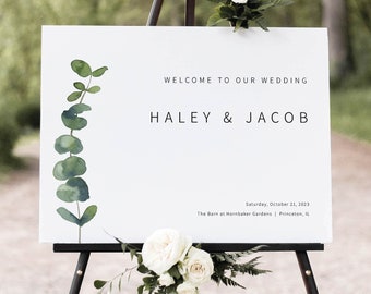 Wedding Welcome Sign Template, Elegant Eucalyptus, Printable Wedding Sign, Editable Sign, Greenery, Templett INSTANT Download