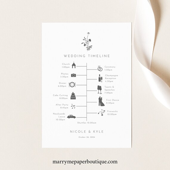 Wedding Itinerary Card Template, Elegant Botanic Flowers, Editable, Botanical Wedding Timeline Card, Printable, Templett INSTANT Download