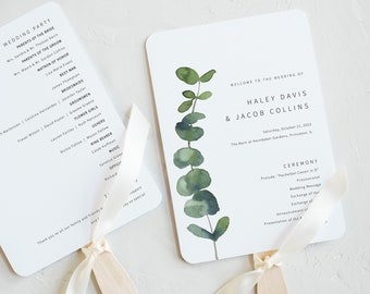 Wedding Program Fan Template, Elegant Eucalyptus, Wedding Fan Program Printable, Wedding Ceremony, Templett INSTANT Download, Editable