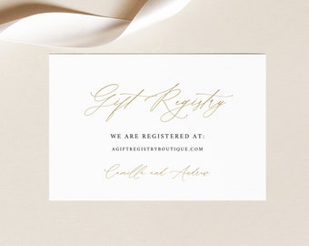 Gift Registry Card Template, Stylish Gold Script, Demo Available, Printable Editable Instant Download