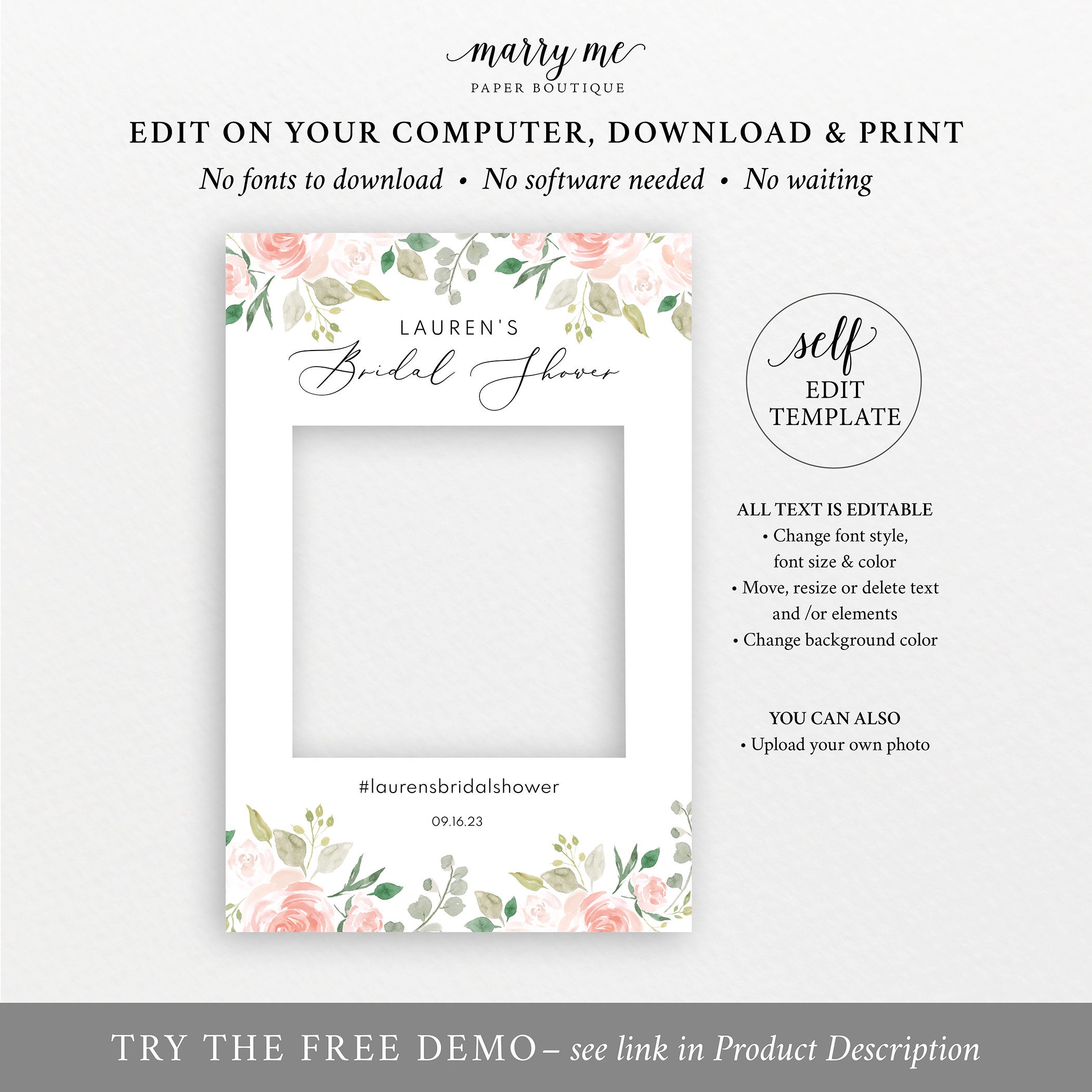 Floral Wedding Bridal Shower Photo Booth Frame Template Printable Photo Booth Template Wedding Selfie Frame Instant Download Mm08 3