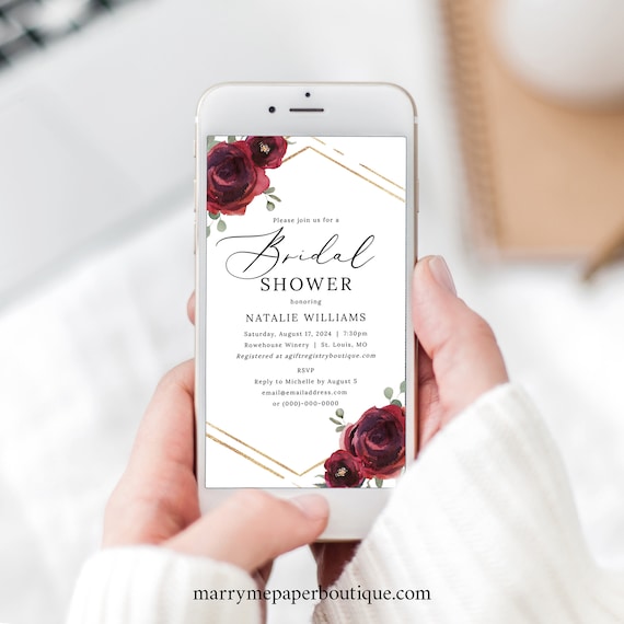 Digital Bridal Shower Invitation Template, Elegant Burgundy Floral, Hexagonal Bridal Shower Text Invite, Editable, Templett INSTANT Download