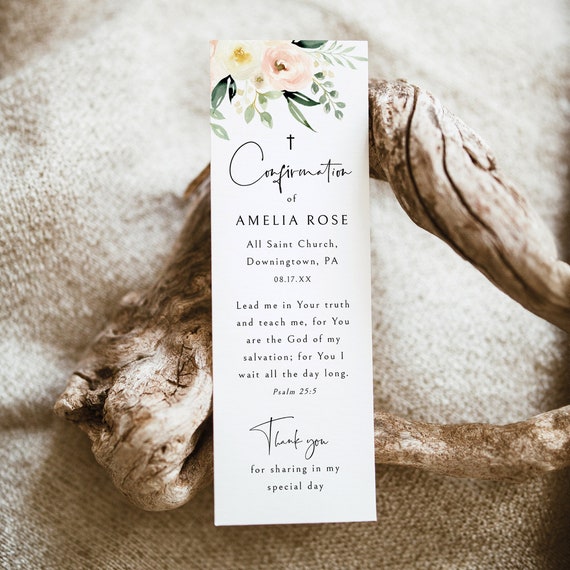 Confirmation Bookmark Template, Pink Flower & Greenery, Pink Floral Confirmation Ceremony Bookmark, Editable, Templett INSTANT Download