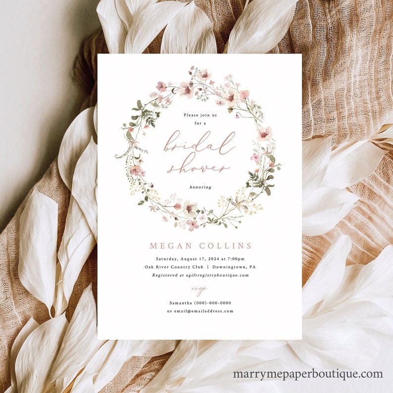 Bridal Shower Invitation Template, Rustic Pink Flowers, Pink Bridal Shower Invite Card Printable, Editable, Templett INSTANT Download image 1