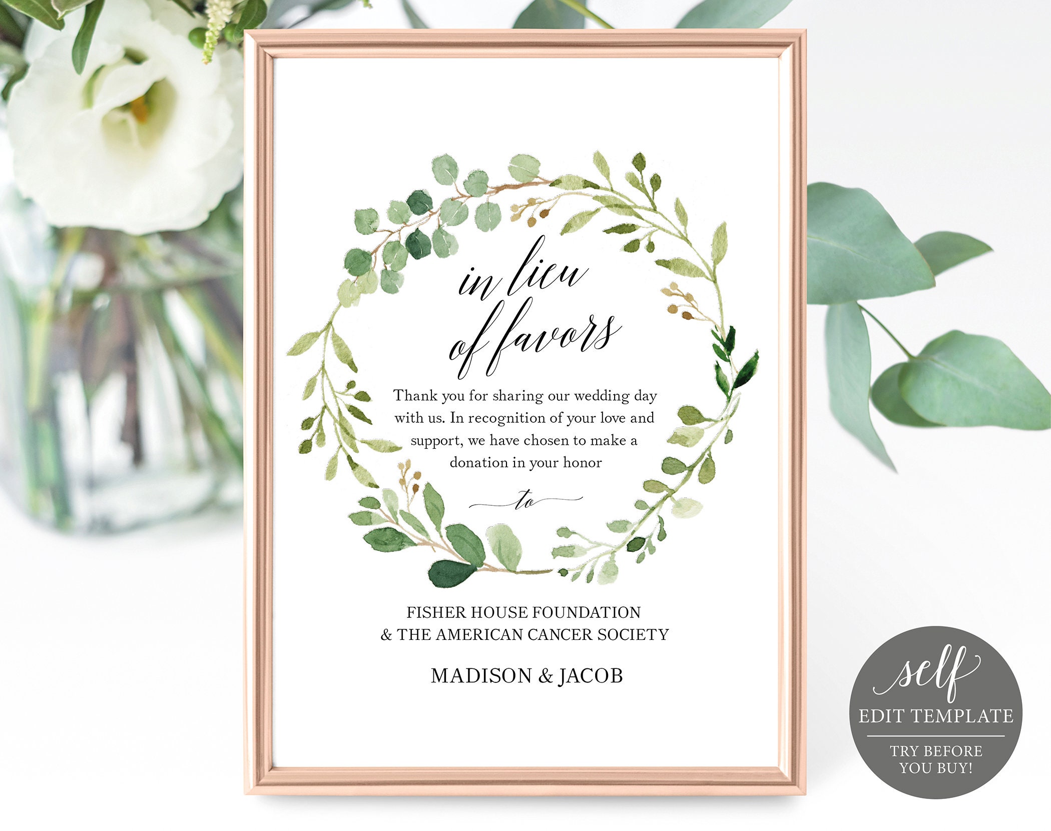Greenery Wedding In Lieu Of Favors Sign Template 100 Editable
