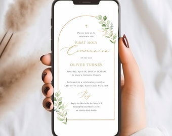 Digital First Communion Text Invitation Template, Greenery Arch, Electronic, Greenery First Holy Communion Invite, Templett INSTANT Download