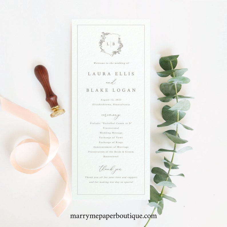 Printable Wedding Program Template Templett INSTANT Download Botanical Crest Elegant Wedding Ceremony Program Fully Editable