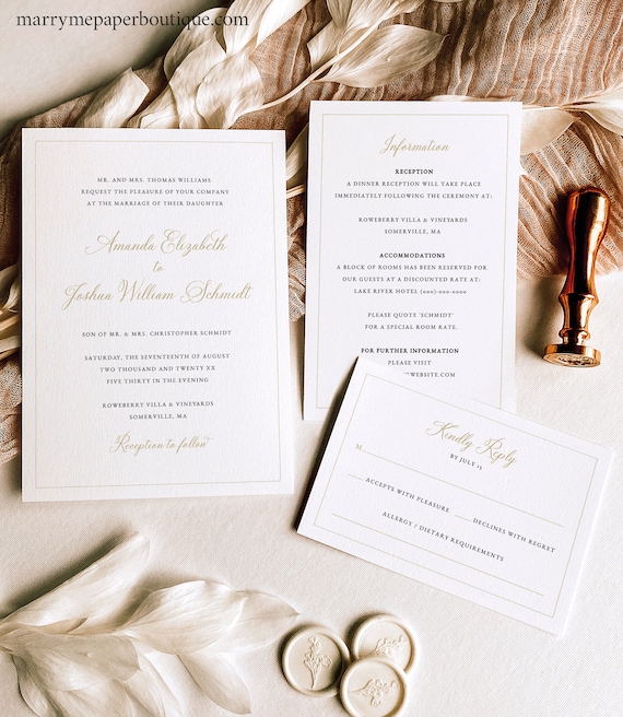 Wedding Invitation Template Set, Traditional Wedding Calligraphy in Gold, Editable, Wedding Invite, RSVP, Details, Templett INSTANT Download