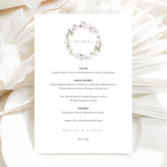Wedding Menu Template, Rustic Lavender Flowers, Editable 5x7 Menu, Lavender Floral Table Menu Card, Printable, Templett INSTANT Download