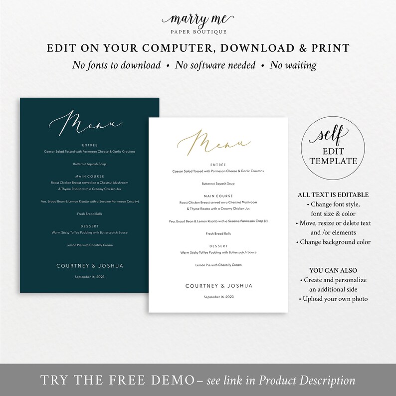 Menu Template Printable Editable Instant Download Demo - Etsy