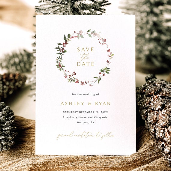 Save the Date Template, 5x7, Elegant Winter Wreath, Editable, Winter Save The Date Card Template, Printable, 5x7, Templett INSTANT Download
