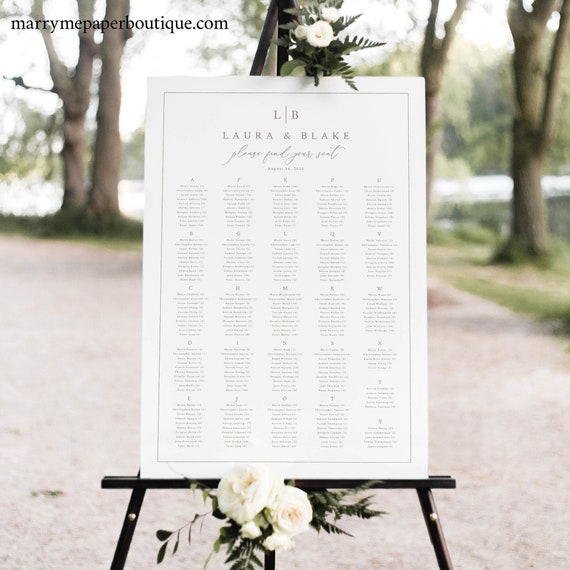 Alphabetical Wedding Seating Plan Template, Monogram & Border, Editable, Alphabet Seating Chart Sign, Printable, Templett INSTANT Download