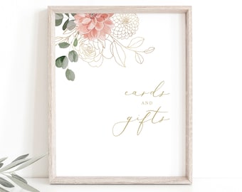 Cards & Gifts Sign Template, Blush Gold Flowers, Editable Wedding Table Sign, Wedding Cards and Gifts, Printable, Templett INSTANT Download