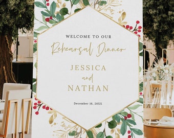 Rehearsal Dinner Welcome Sign Template, Winter Wedding, Leaf & Berry, Christmas Rehearsal Welcome Sign, Editable, Templett INSTANT Download