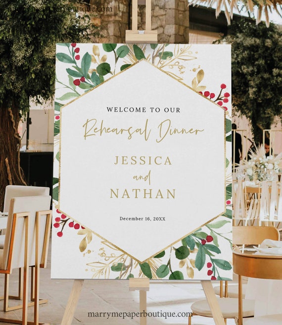 Rehearsal Dinner Welcome Sign Template, Winter Wedding, Leaf & Berry, Christmas Rehearsal Welcome Sign, Editable, Templett INSTANT Download