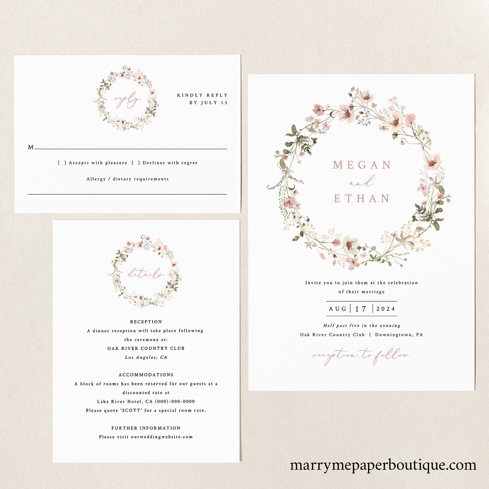 Wedding Invitation Template Set Rustic Pink Flowers Editable - Etsy