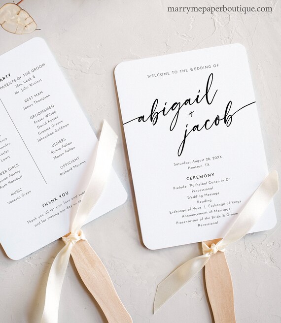 Wedding Program Fan Template, Minimalist Calligraphy, Ceremony Fan, Modern Wedding Fan Program, Editable, 5x7, Templett INSTANT Download