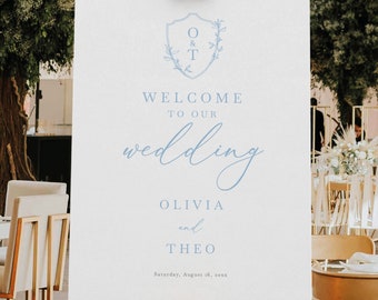 Welcome To Our Wedding Sign Template, Light Blue Wedding Crest & Monogram, Editable, Crest Wedding Welcome Sign, Templett INSTANT Download