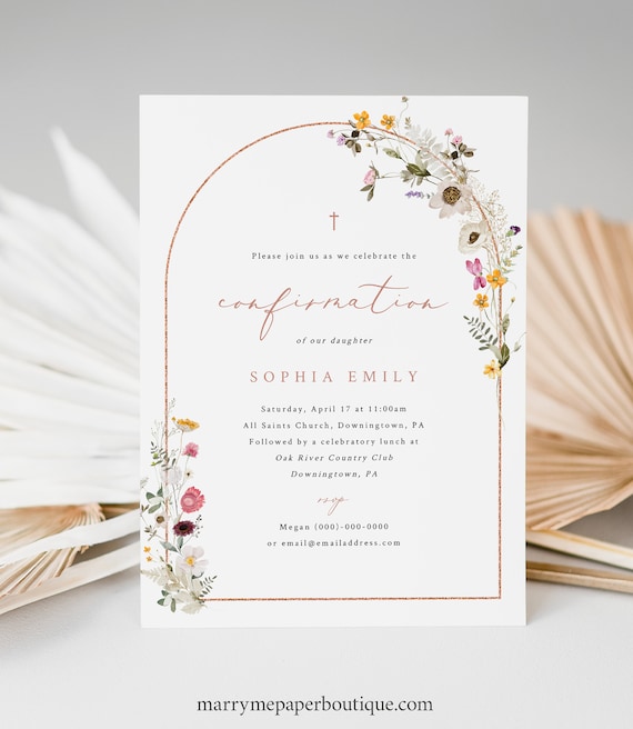 Wildflower Confirmation Invitation Template, Rustic Wildflower Confirmation Invite Card, Arch, Editable, 5x7, Templett INSTANT Download