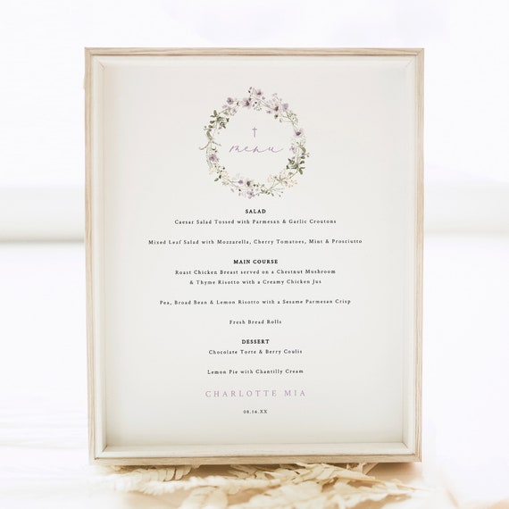 Baptism Menu Template, Rustic Lavender Flowers, 8x10, Editable, Baptism Table Menu, Lavender Baptism Menu Card, Templett INSTANT Download