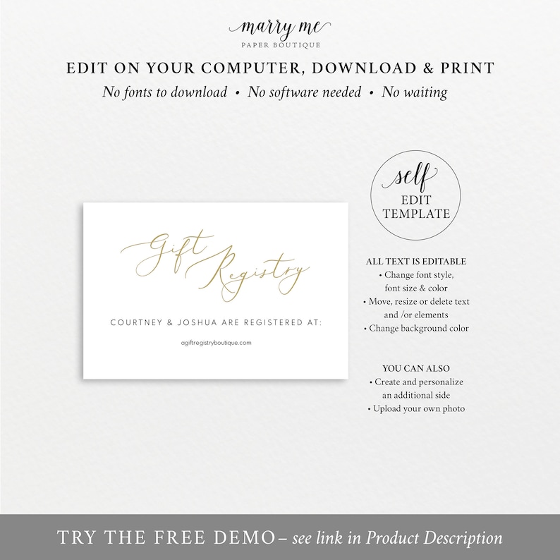 Gift Registry Card Template, Elegant Gold Script, Wedding Registry Card Printable, Editable, Templett, INSTANT Download image 4