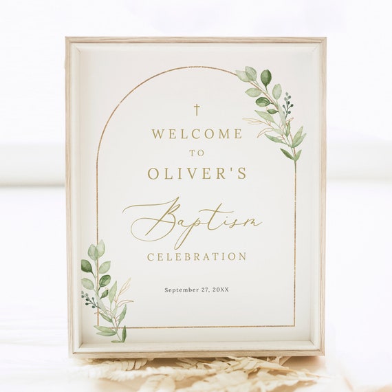 Baptism Welcome Sign Template, Greenery Arch, Small Baptism Sign, 8x10, Welcome to the Baptism Sign, Editable, Templett INSTANT Download