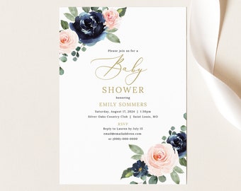 Baby Shower Invitation Template, Navy & Blush Floral, Baby Shower Invite Card, Printable, Templett INSTANT Download, Editable