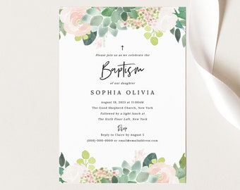 Succulent Floral Baptism Invitation Template, Green & Blush Baptism Invite Printable, Templett Editable, Instant Download