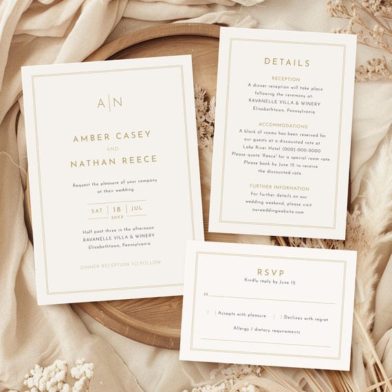 Wedding Invitation Template Set, Classic Monogram & Border in Gold, Details Card, RSVP, Editable Wedding Invite, Templett INSTANT Download