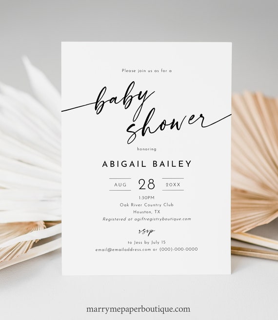 Baby Shower Invitation Template, Minimalist Calligraphy, 5x7, Modern Baby Shower Invitation Card, Editable, Templett INSTANT Download