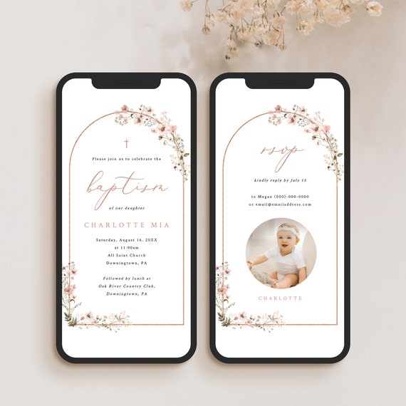 Baptism Invitation Text Template, Rustic Pink Flowers Arch, Digital Baptism Invite, Editable, Send by Phone, Templett INSTANT Download