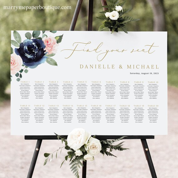 Wedding Seating Chart Template, Navy & Blush Floral, Seating Plan Printable, Wedding Seating Sign, Editable, Templett INSTANT Download