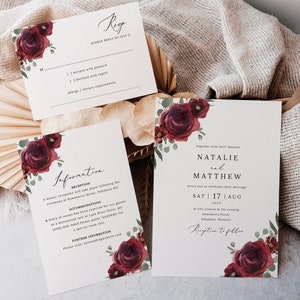 Wedding Invitation Template Set, Elegant Burgundy Floral, RSVP, Details Card, Editable Invitation Suite Printable, Templett INSTANT Download