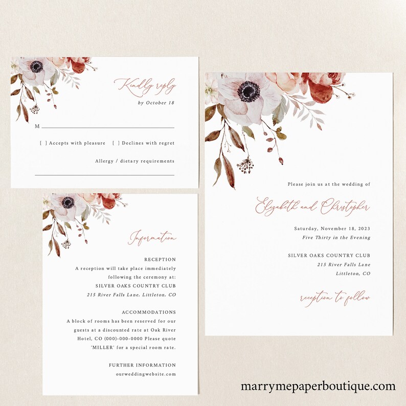 Fall Wedding Invitation Template Set Fall Floral Wedding Etsy