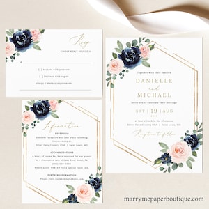 Wedding Invitation Template Set, Navy & Blush Floral, Wedding Invite Suite Printables, RSVP, Details, Templett INSTANT Download