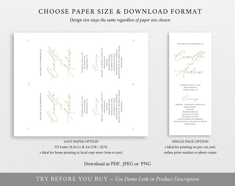 Free Demo Available Printable Editable Instant Download Stylish Gold Script Wedding Program Template