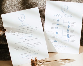 Wedding Itinerary & Welcome Card Template, Light Blue Crest and Monogram, Editable, Timeline Card, 5x7, Printable, Templett INSTANT Download