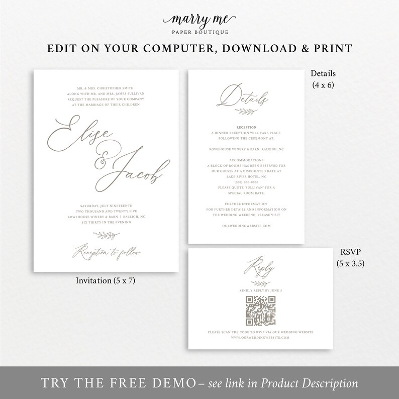 Wedding Invitation Template Kit Elegant Font QR Code RSVP Etsy