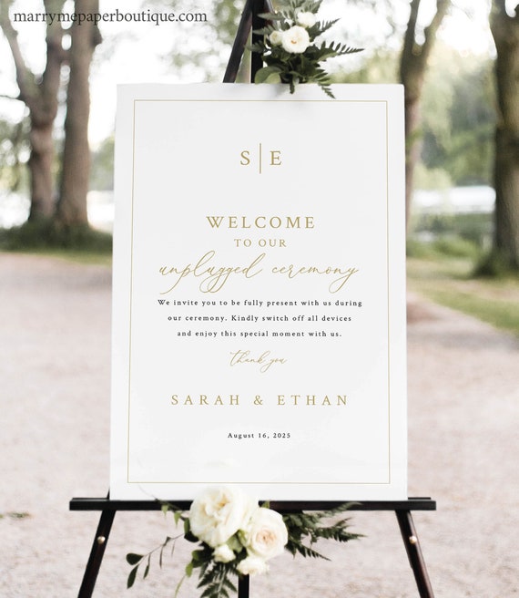 Unplugged Ceremony Sign Template, Minimalist Wedding Monogram, Gold, Unplugged Wedding Sign, Printable, Templett INSTANT Download, Editable