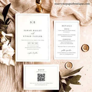 Wedding Invitation Template Set, Minimalist Wedding Monogram, QR Code RSVP, Printable, Editable Wedding Invites, Templett INSTANT Download image 2